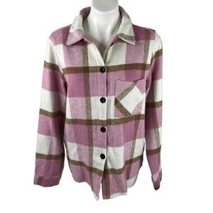 e Luna Women Medium Flannel Jacket Pink White Plaid Outdoor NWT